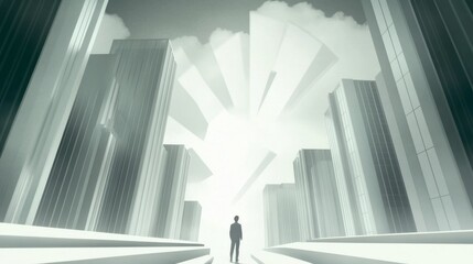 Obraz premium A person walking through a futuristic cityscape of towering buildings