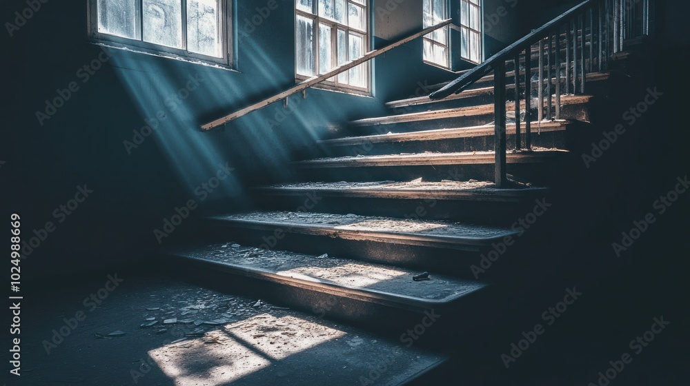 Poster dimly lit staircase in an abandoned building with dust particles illuminated by sunlight.