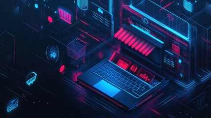 Obraz premium Futuristic laptop design with digital elements and neon colors.