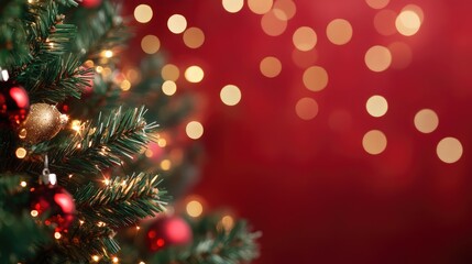 Obraz premium Christmas background with Xmas tree and sparkle bokeh lights. AI generated illustration.