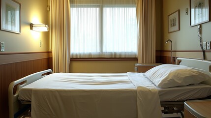 Single Hospital Bed with White Sheets in Empty Room