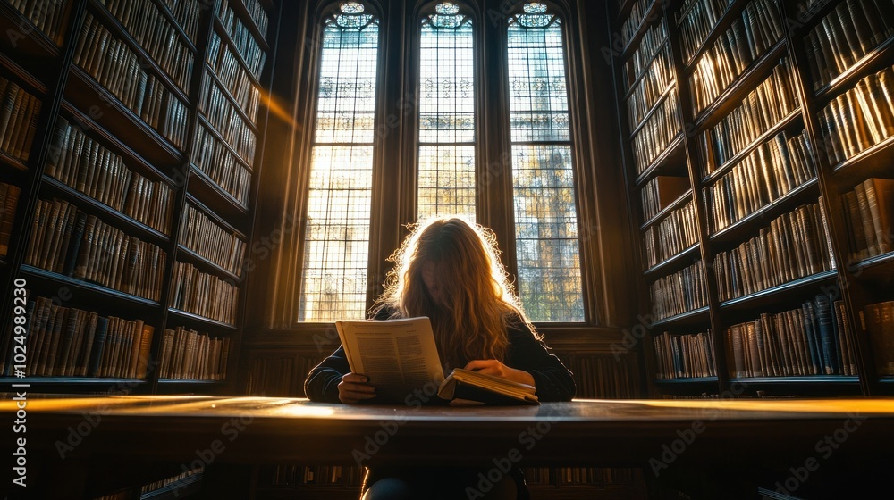 Poster a person reading in a library surrounded by books and illuminated by sunlight.
