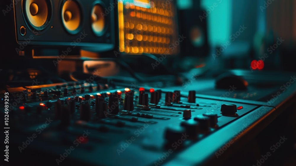 Poster a close-up of a music production setup with a mixer and studio monitors in a dimly lit room.