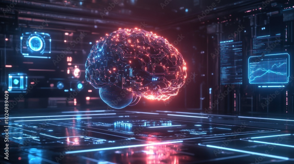 Poster a digital representation of a brain surrounded by futuristic technology interfaces.