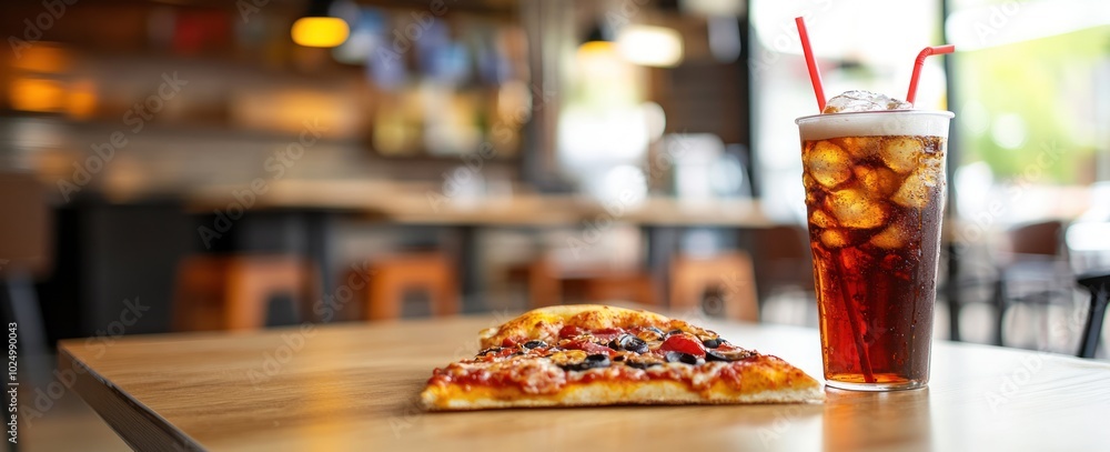 Poster a slice of pizza and a glass of cola on a table in a casual dining setting.