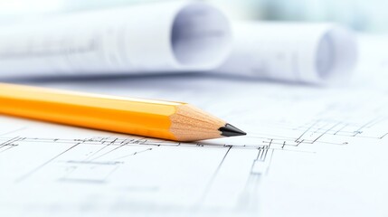Architectural layout drawn in fine detail, a pencil resting on blueprints, symbolizing creativity and technical expertise.