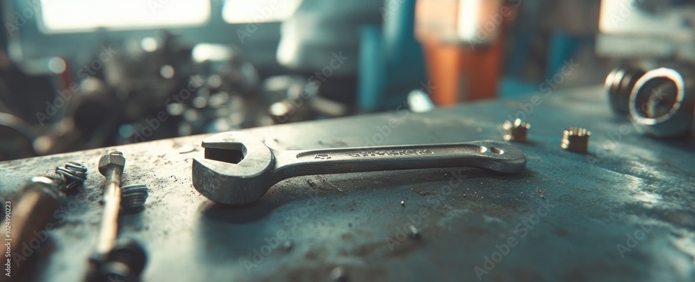Poster a close-up of a wrench on a workbench surrounded by various tools and mechanical parts.