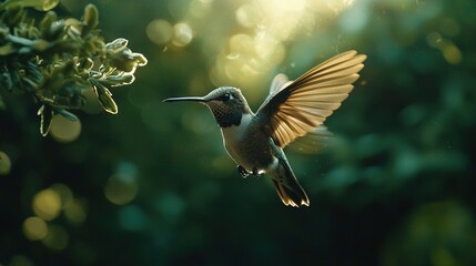 Naklejka premium Hummingbird flying in air with open wings, sun shining through trees in background