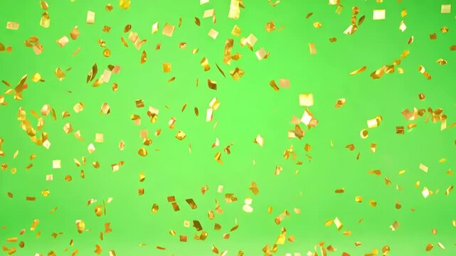 Celebratory gold confetti falling on vibrant green background on the green screen, the chromakey