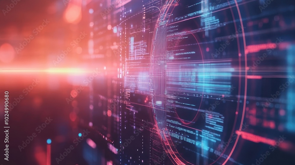 Poster futuristic digital technology landscape with illumination and data visualizations