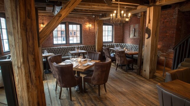 Cozy restaurant interior with wooden beams and elegant seating arrangements.