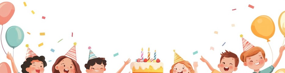 A cheerful group of children celebrating a birthday with balloons and a cake.