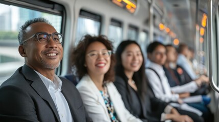 Fototapeta premium A diverse group from South Korea, Kenya, and Colombia commuting on a sleek, eco-friendly city train, blending sustainability with modern transport