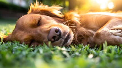 Sleeping dog in a sunlit meadow A cozy dog lounging in a green meadow while the sun's rays gently warm his fur.