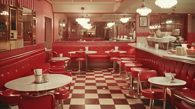 Classic Retro Diner Interior with Red Booths, Checkered Floor, and Chrome Stools