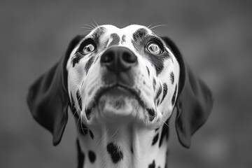 Black and white photo of a Dalmatian dog with a black nose and white spots. Dalmatian dog with black spots looking upwards, black and white photograph of a curious Dalmatian dog