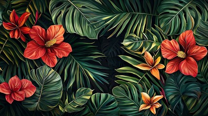 Vibrant tropical flowers and lush green leaves, dark background.