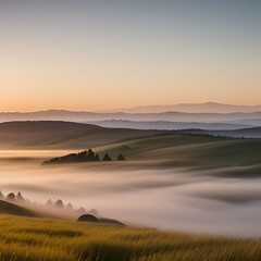 Golden glow on horizon as mist lifts.