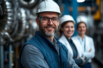 Group of people wearing safety gear. woman in the middle is wearing glasses and has a big smile on her face. group of four people. In foreground a surveyor engineer standing in front of the camera,