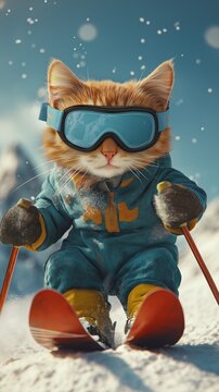 Cute cat wearing ski outfit, goggles, and holding ski poles. Cat skiing down snowy mountain. Blue jacket, ski gear, and funny expression. Snowy mountain, clear blue sky, and fresh powder.