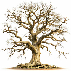 Fototapeta premium old, dead tree with a gnarled, twisted trunk and sparse branches, isolated against a white background.
