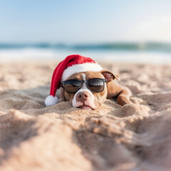 funny pitbull dog in santa claus hat & sunglasses burried in the beach sand; concept of spending winter christmas holiday / vacation in warm exotic ocean coast; copy space