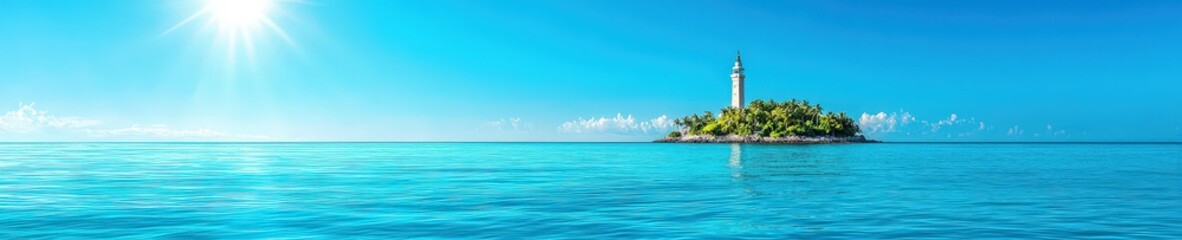 Obraz premium A stunning view of a serene island featuring a lighthouse amidst crystal clear waters, under a bright blue sky. Perfect for travel and nature themes.