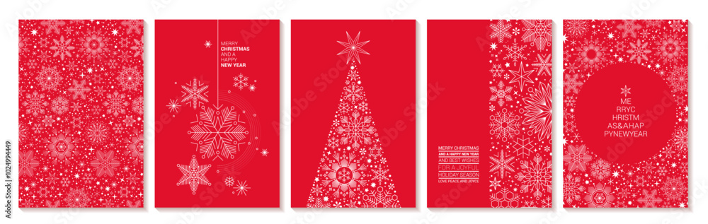 Canvas Prints set of five vector christmas greeting cards templates. decorated with white snowflake textures on re