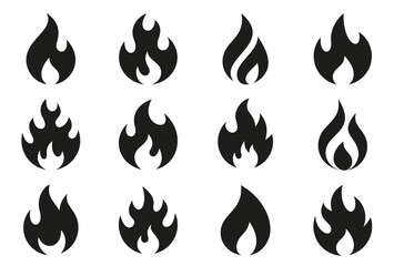 Collection of twelve flame icons. Full vector black and white symbols set.