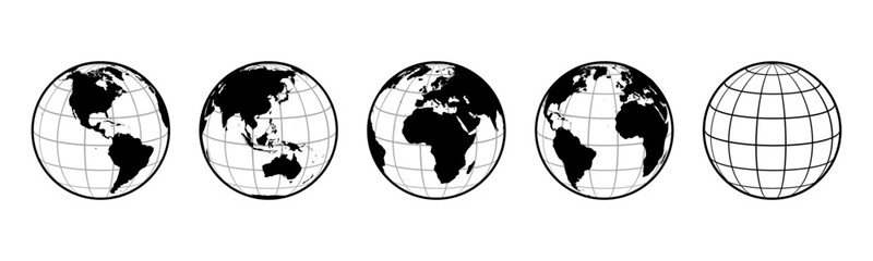 Collection of four Black and White earth globes. Full Vector illustrations with flat colors, each centered on a different area of earth, America, Asia, Eurafrica, Atlantic ocean.