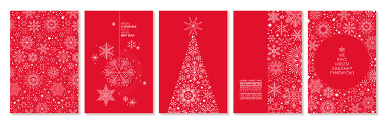 Set of Five Vector Christmas Greeting Cards Templates. Decorated with White Snowflake textures on red background.
