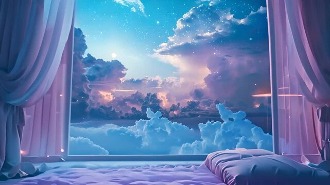Dreamy Sky Through Sheer Curtains with a Soft Pillow in a Softly Lit Room