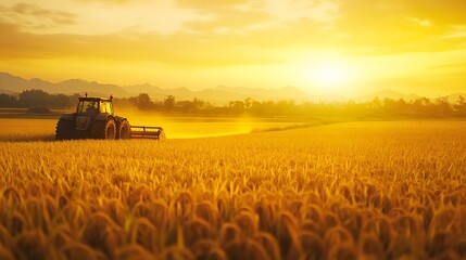 Naklejka premium Golden Sunset Over Farm Field with Tractor Harvesting Wheat
