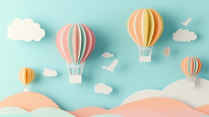 Multicolored paper cut hot air balloons floating in a bright sky for playful room decor, paper cut balloons, whimsical decorative design