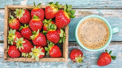   Strawberry box, cup of coffee, wooden table, spoon, spoon rest