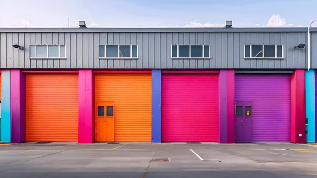 Four Colorful Garage Doors on a Grey Building