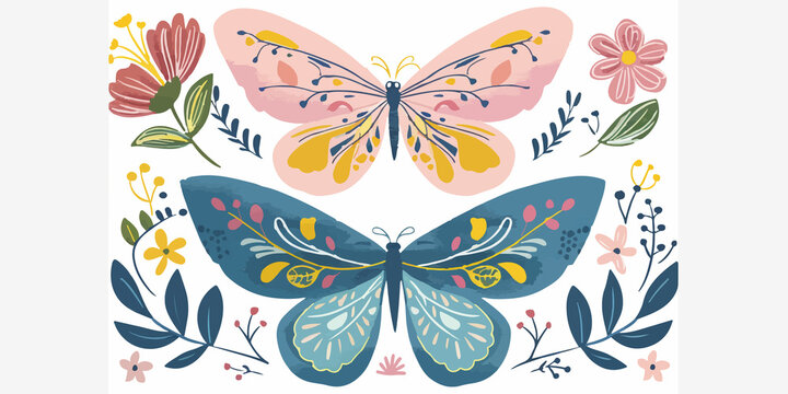 Colorful butterfly illustration featuring two vibrant, detailed butterflies with floral accents. Whimsical and decorative style perfect for home decor, wall art, or creative design projects.