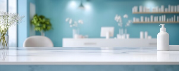 White Marble Countertop Product Display Mockup with Blue Background and Product Bottles