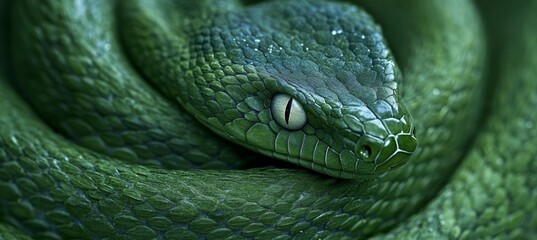 Obraz premium Close-up of a vibrant green snake coiled in a mesmerizing pattern, showcasing its intricate scales