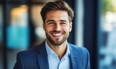 Successful young businessman formally dressed laughing in bright modern office background meeting discussing marketing strategy.