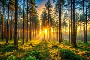 Fototapeta premium sunset and sunrise views in the forest with forced perspective