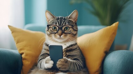 Cat Wearing Glasses Using Smartphone On Couch