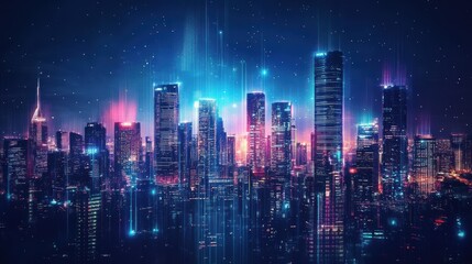 Obraz premium cityscape with space and neon light effect. Modern hi-tech, science, futuristic technology concept. Abstract digital high tech city design for banner background