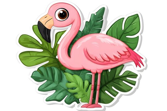Cute Pink Flamingo Cartoon with Tropical Leaves Sticker Illustration