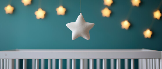 Star-shaped mobile hanging above a crib in a serene nursery setting.