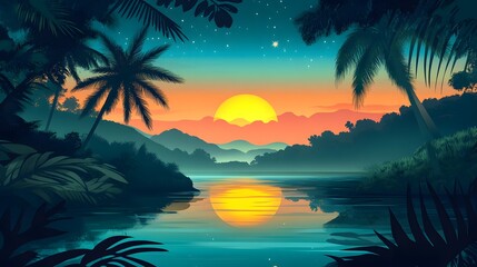 Tropical Sunset Landscape with Palm Trees  Lake and Mountains