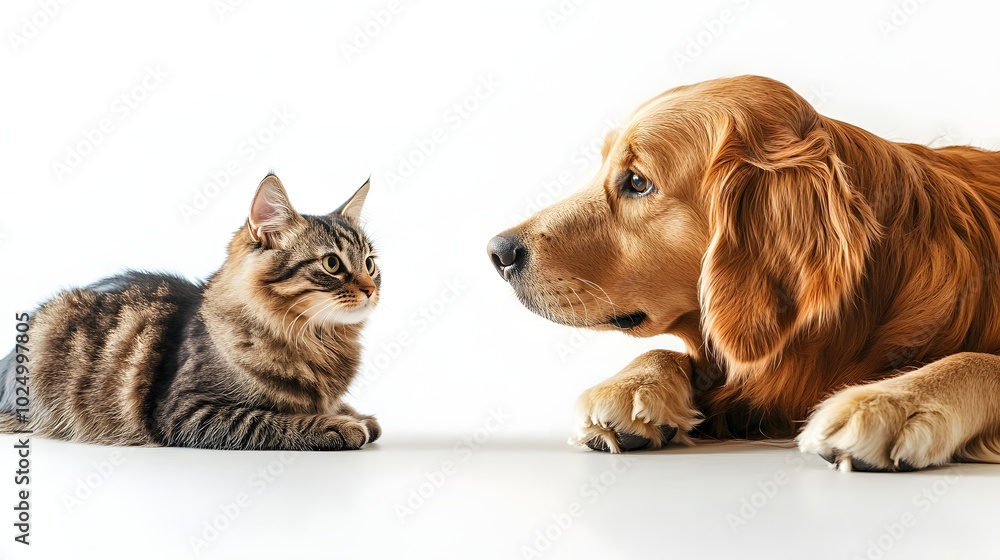 Poster 3. a playful scene of a golden retriever dog and a curious cat resting on a pristine white backgroun