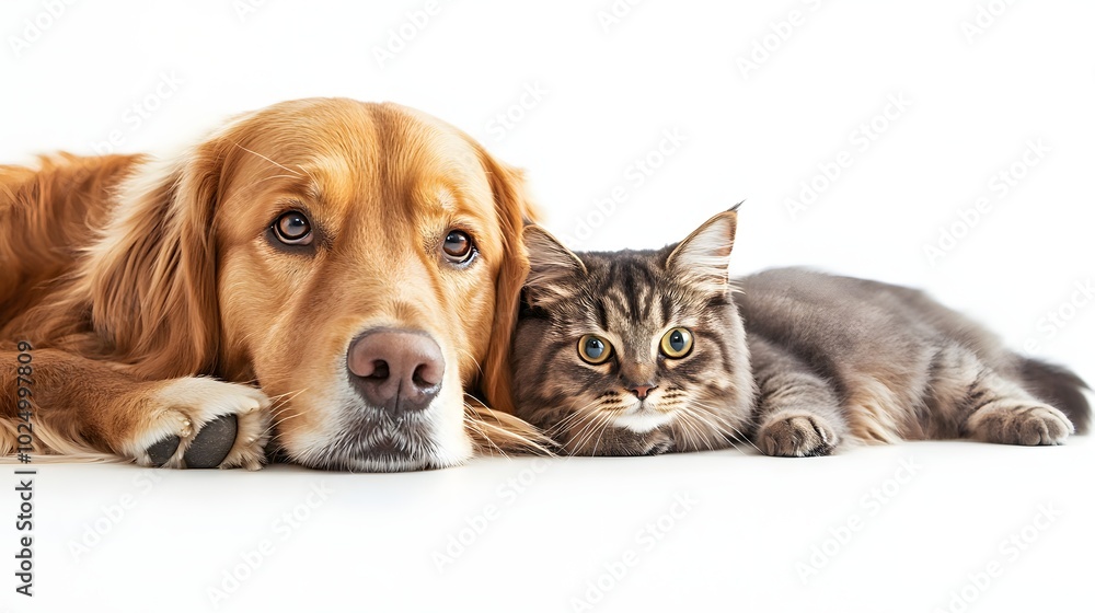 Poster 3. a playful scene of a golden retriever dog and a curious cat resting on a pristine white backgroun