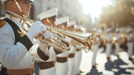 Naklejka premium Military band performing patriotic music in a parade setting photo
