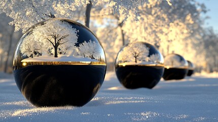 3D rendering of glossy Christmas balls and glass spheres with snow-covered trees inside on a dark blue background with reflective lighting and luxury finishing.